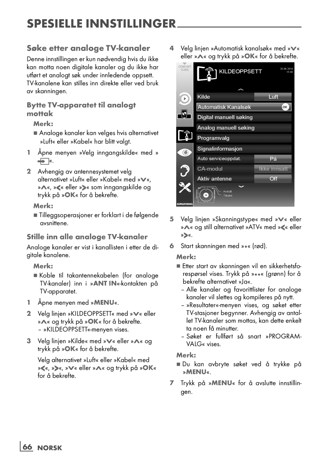 Grundig 46 VLE 7139 BR manual Søke etter analoge TV-kanaler, Bytte TV-apparatet til analogt mottak, ­66 Norsk 