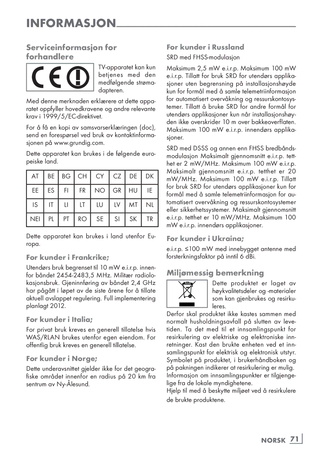Grundig 46 VLE 7139 BR manual Serviceinformasjon for forhandlere, Miljømessig bemerkning 