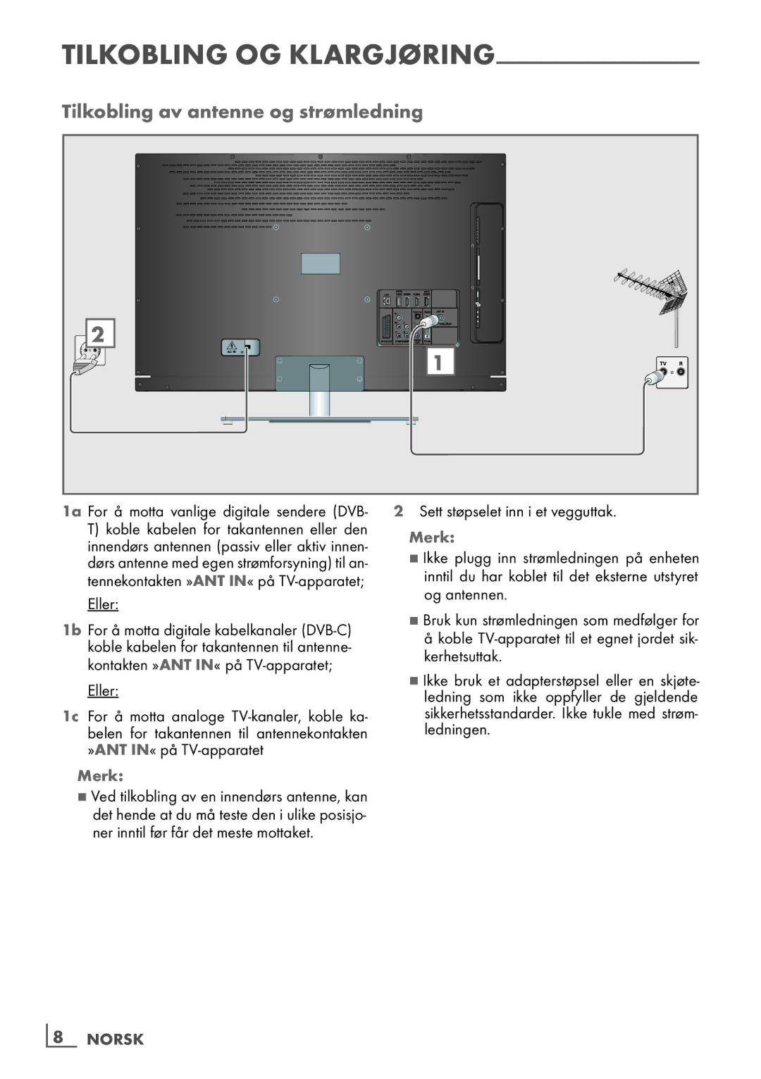 Grundig 46 VLE 7139 BR manual Tilkobling av antenne og strømledning, Tilkobling og klargjøring, Merk, ­8 Norsk 