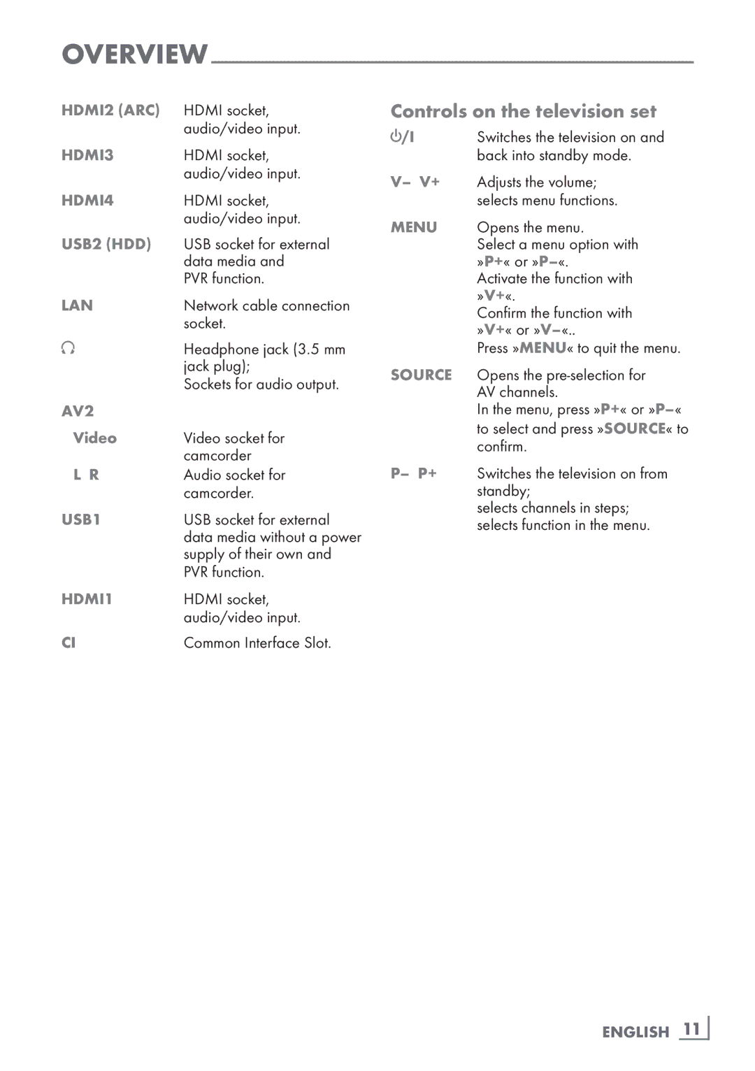 Grundig 46 VLE 8160 BL manual Controls on the television set, Video, English ­11 