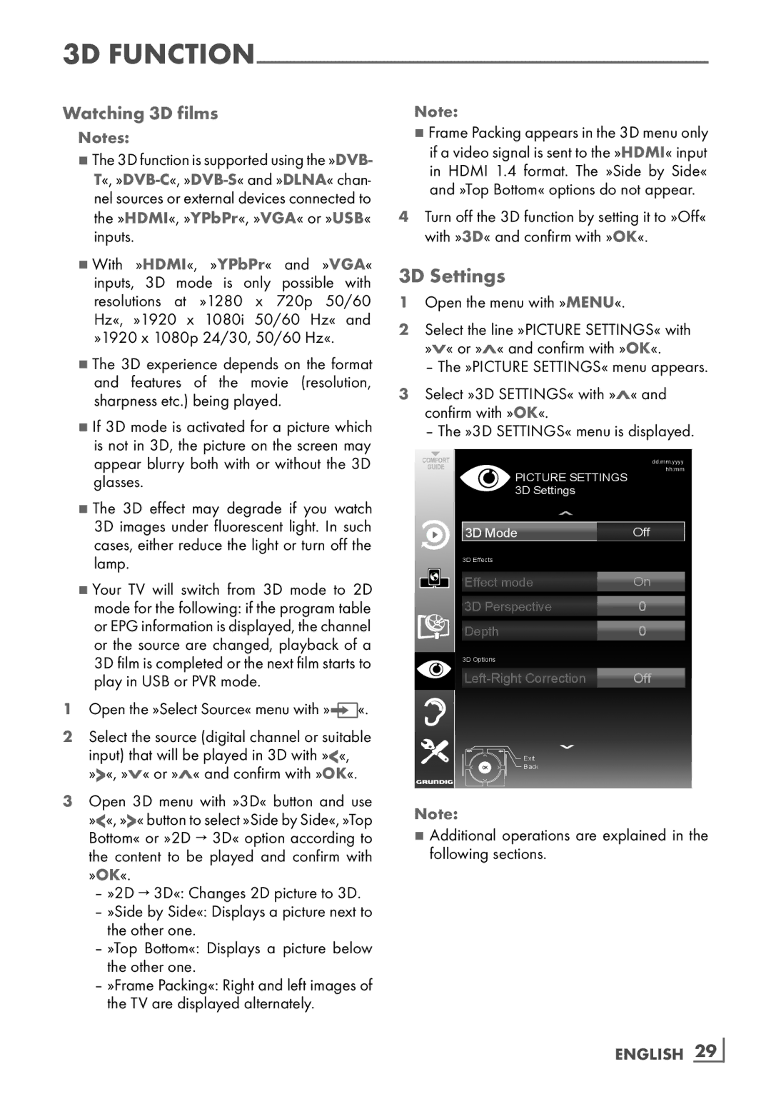 Grundig 46 VLE 8160 BL manual 3D Settings, Watching 3D films, English ­29 