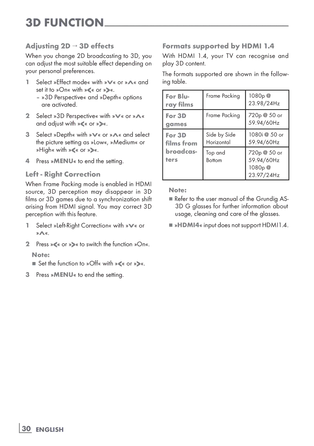 Grundig 46 VLE 8160 BL manual Adjusting 2D → 3D effects, Left Right Correction, Formats supported by Hdmi, ­30 English 