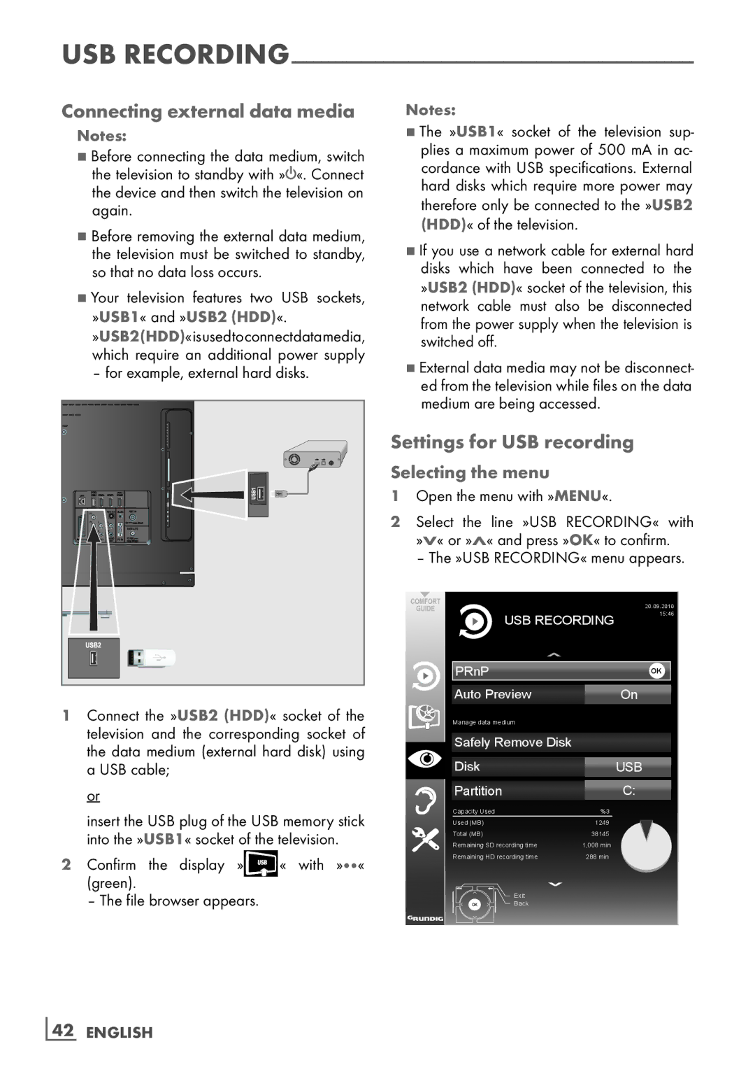 Grundig 46 VLE 8160 BL manual Connecting external data media, Settings for USB recording, Selecting the menu, ­42 English 