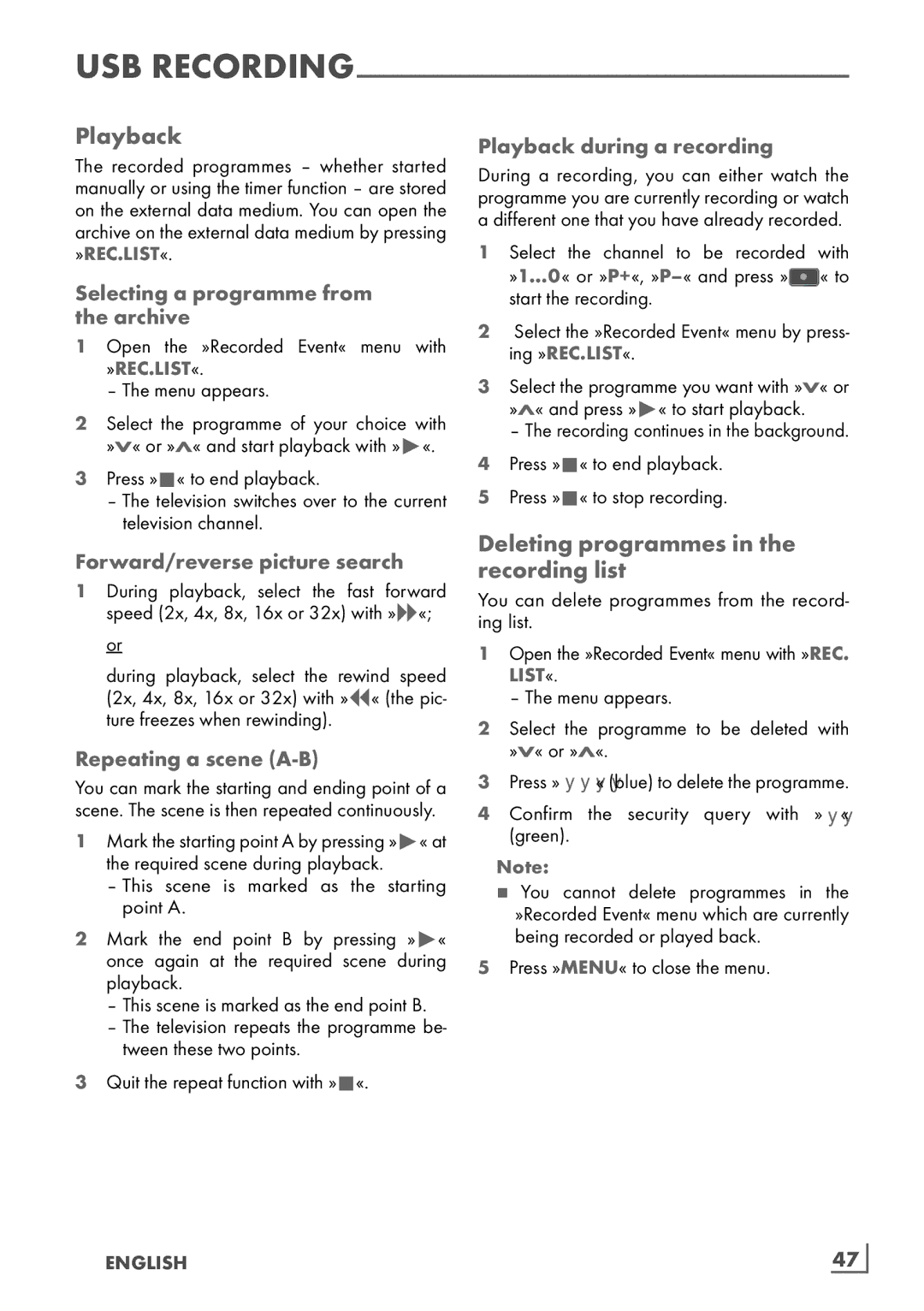 Grundig 46 VLE 8160 BL manual Playback, Deleting programmes in the recording list 