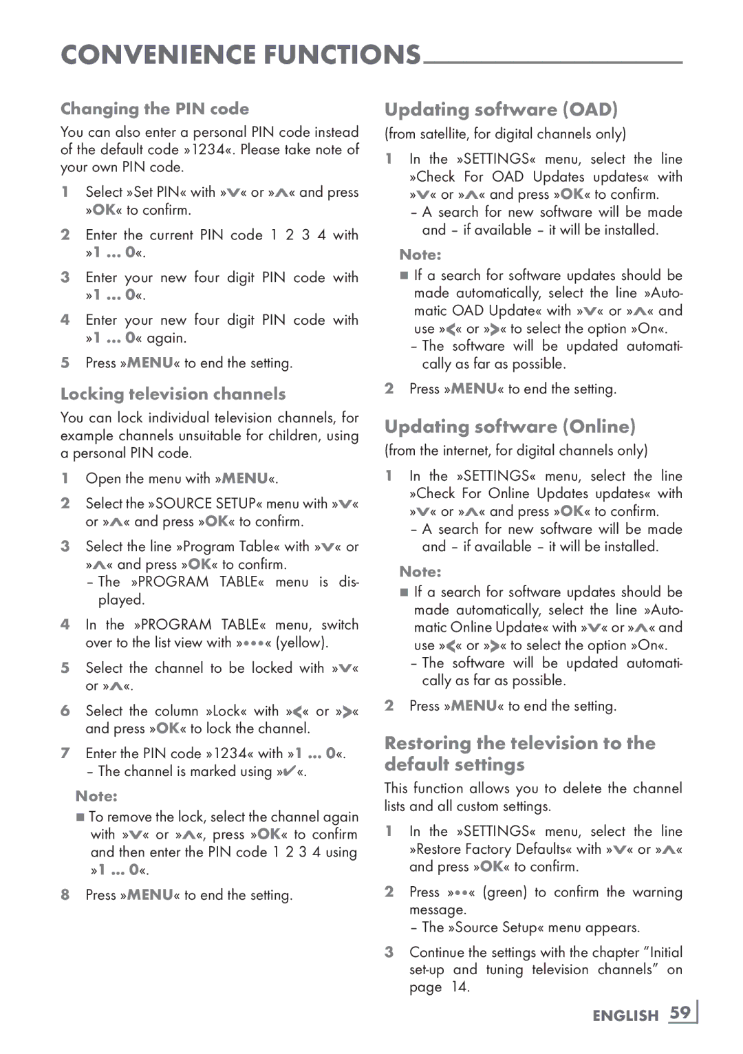 Grundig 46 VLE 8160 BL Updating software OAD, Updating software Online, Restoring the television to the default settings 