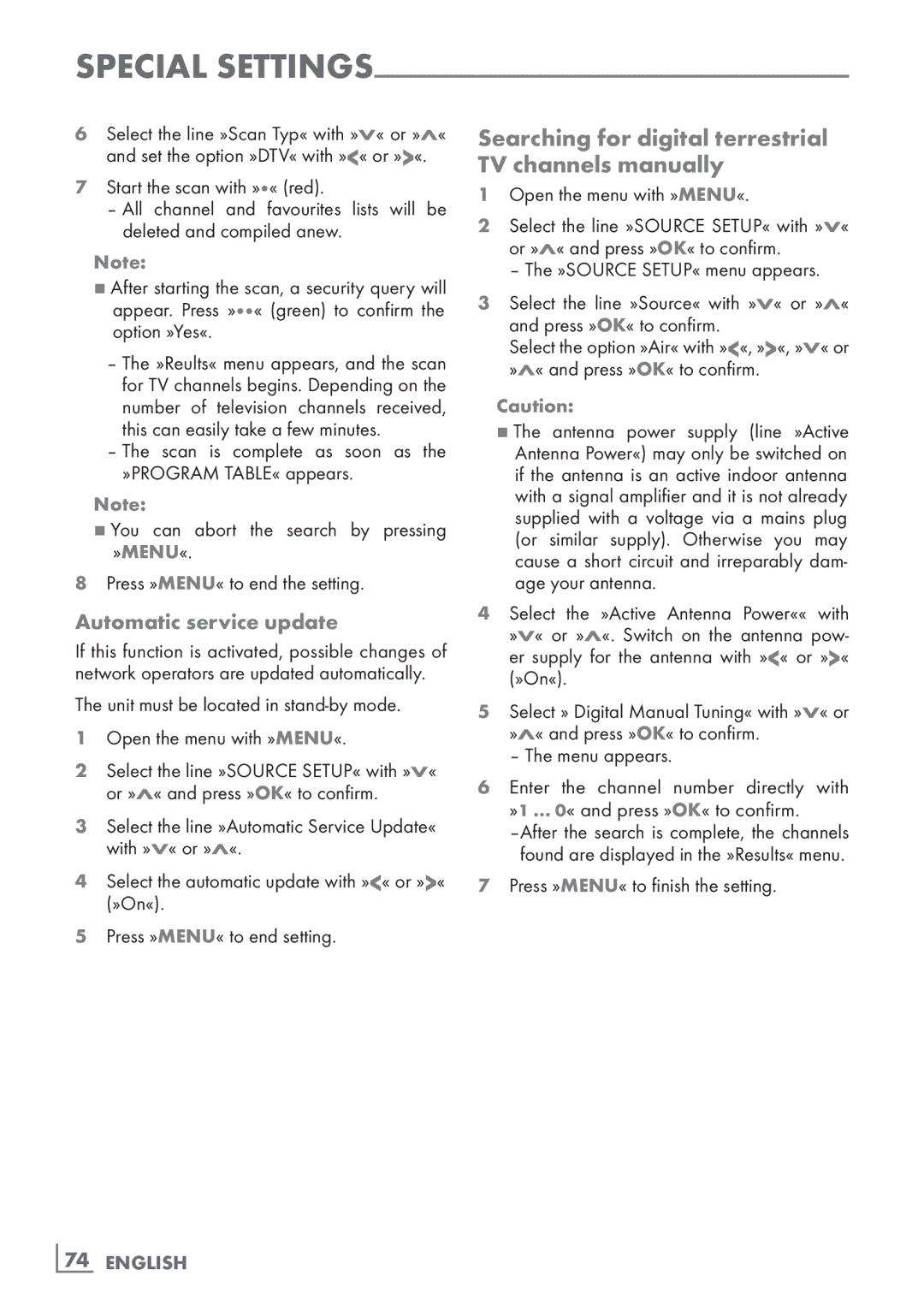 Grundig 46 VLE 8160 BL Searching for digital terrestrial TV channels manually, Automatic service update, ­74 English 