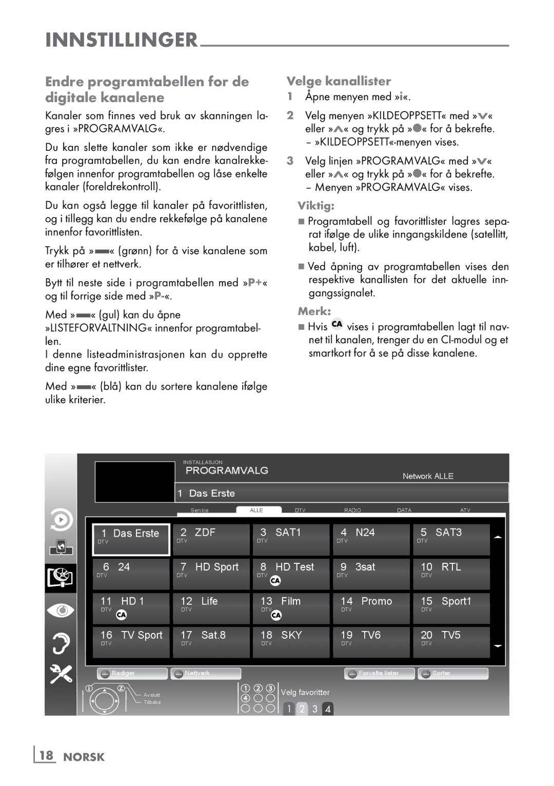 Grundig 46 VLE 8160 BP manual Endre programtabellen for de digitale kanalene, Velge kanallister, Viktig, ­18 Norsk 