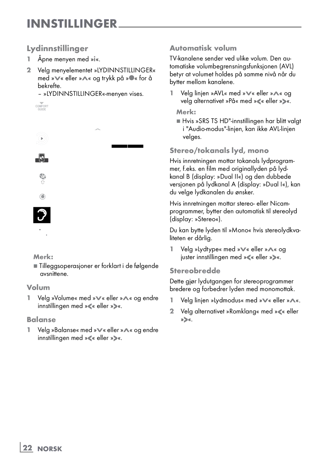 Grundig 46 VLE 8160 BP manual Lydinnstillinger 