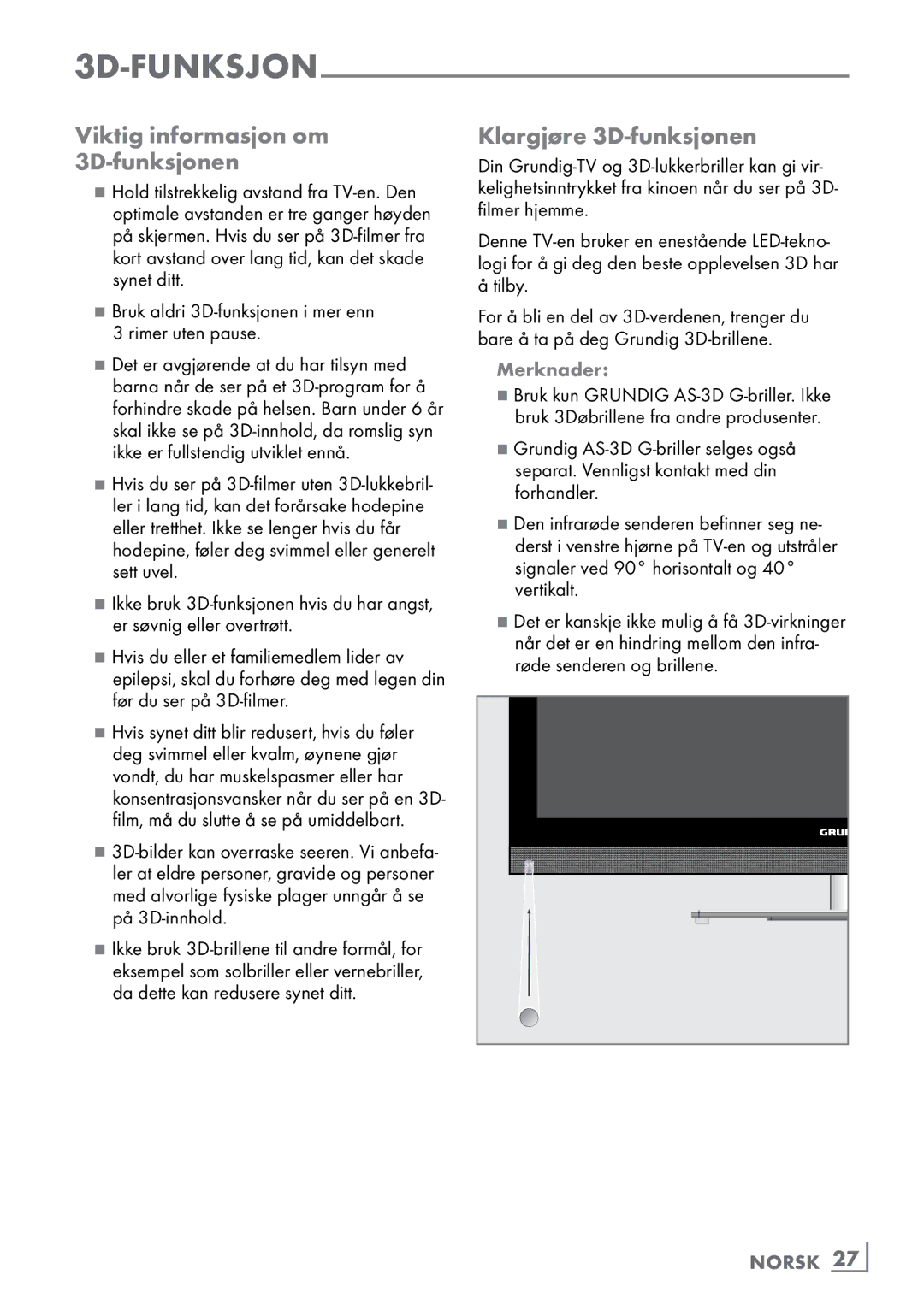 Grundig 46 VLE 8160 BP manual Viktig informasjon om 3D-funksjonen, Klargjøre 3D-funksjonen, Norsk ­27 