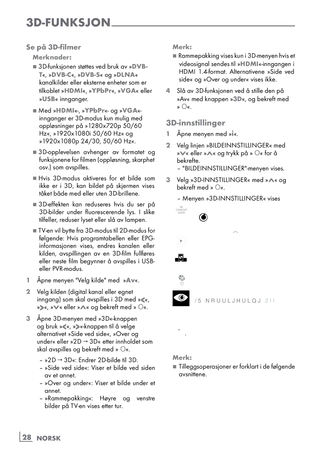 Grundig 46 VLE 8160 BP manual 3D-innstillinger, Se på 3D-filmer, Åpne menyen Velg kilde med »Av«, ­28 Norsk 