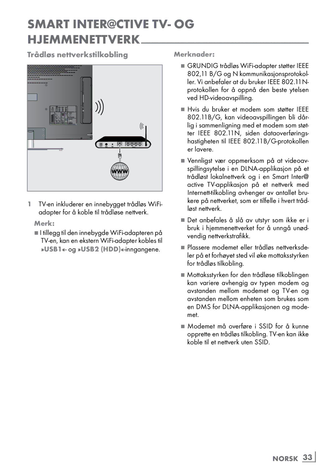 Grundig 46 VLE 8160 BP manual Trådløs nettverkstilkobling, Norsk ­33 