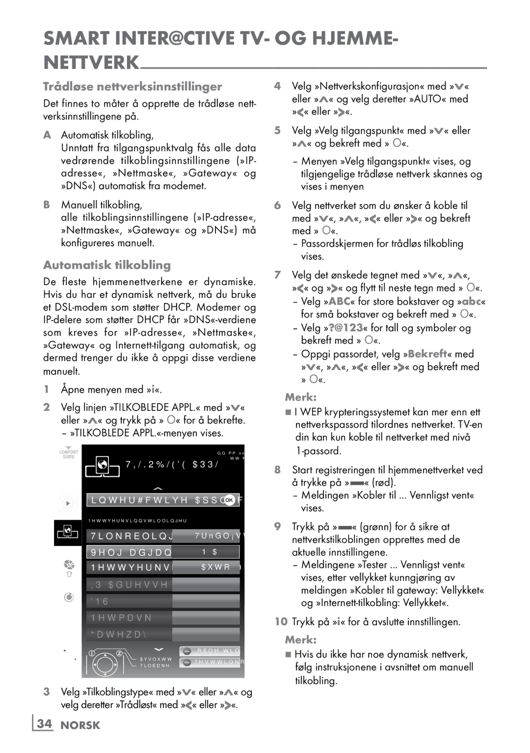 Grundig 46 VLE 8160 BP manual Trådløse nettverksinnstillinger, Automatisk tilkobling, Manuell tilkobling, ­34 Norsk 