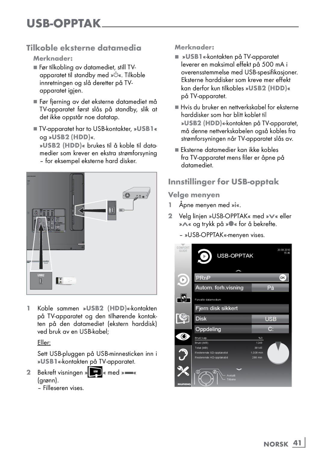 Grundig 46 VLE 8160 BP manual Tilkoble eksterne datamedia, Innstillinger for USB-opptak, Velge menyen, Norsk ­41 