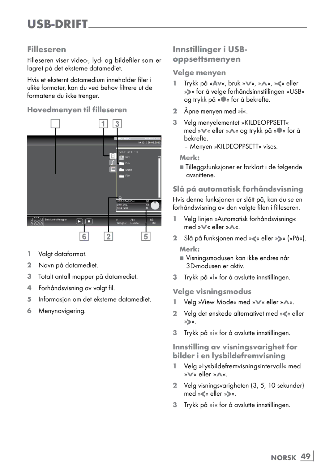 Grundig 46 VLE 8160 BP Filleseren, Innstillinger i USB- oppsettsmenyen, Hovedmenyen til filleseren, Velge visningsmodus 