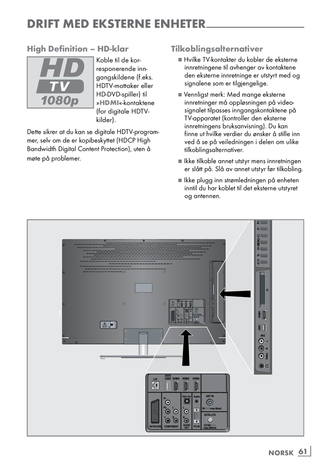 Grundig 46 VLE 8160 BP manual High Definition HD-klar Tilkoblingsalternativer, Norsk ­61 