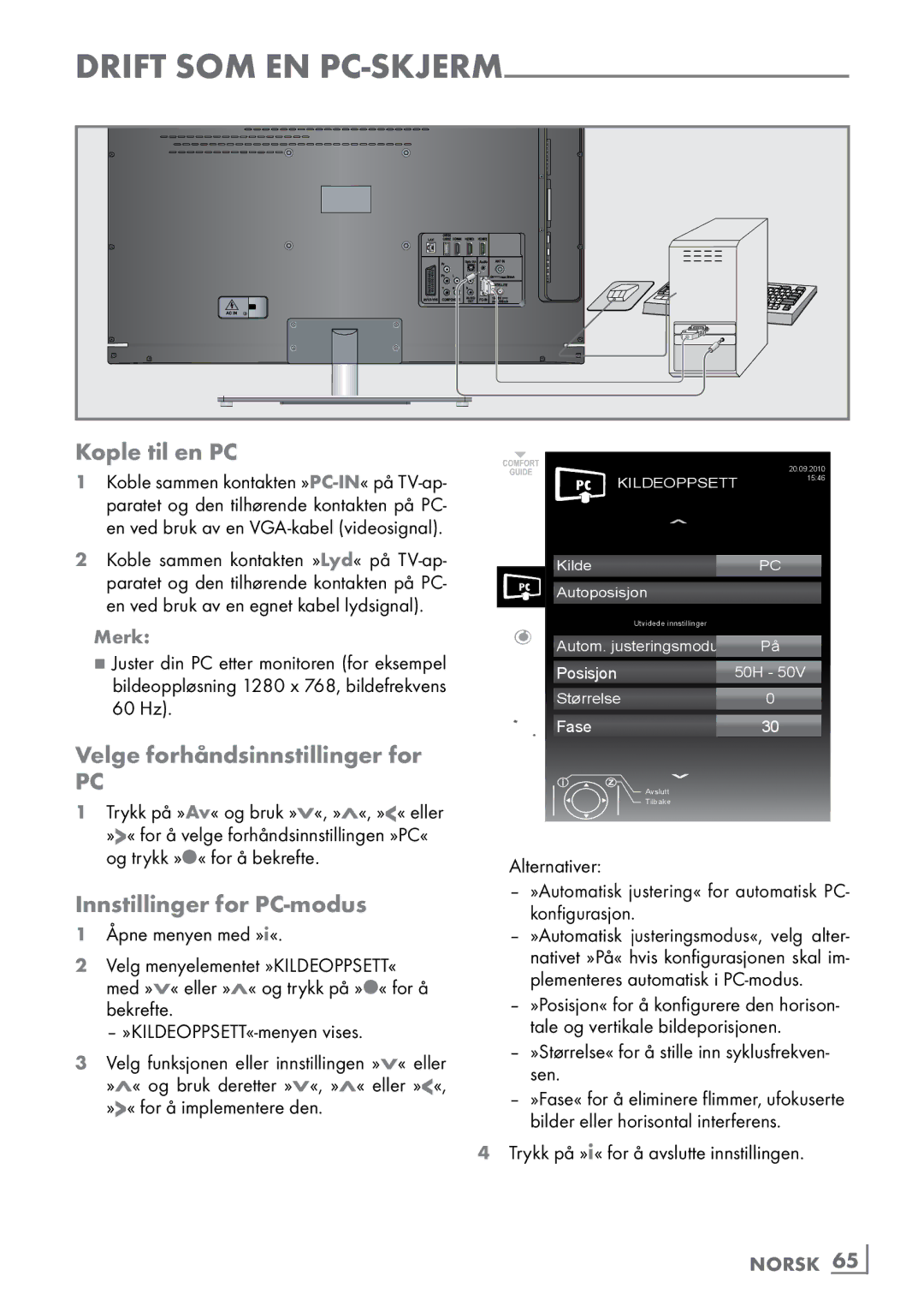 Grundig 46 VLE 8160 BP manual Kople til en PC, Velge forhåndsinnstillinger for, Innstillinger for PC-modus, Norsk ­65 