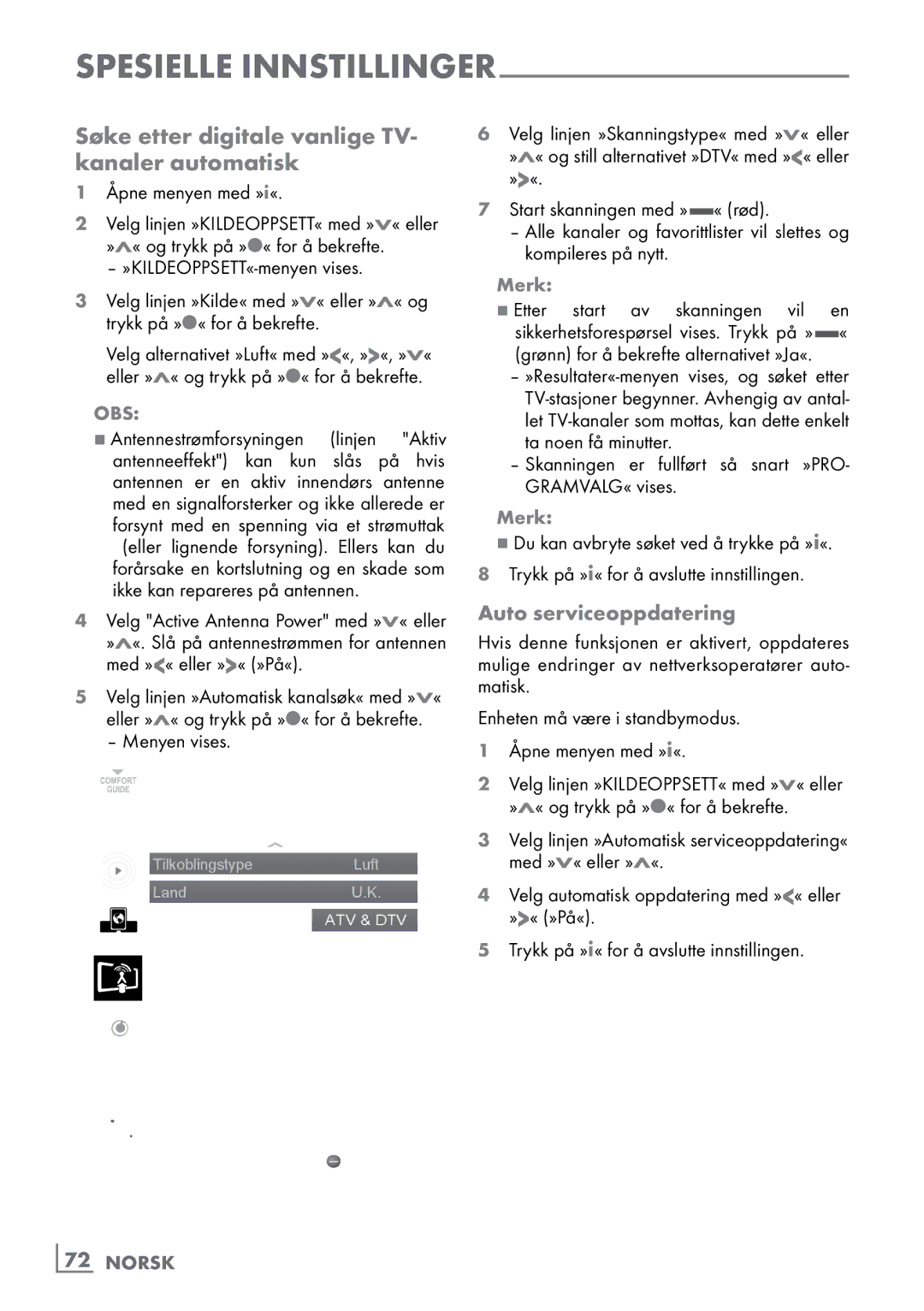 Grundig 46 VLE 8160 BP manual Søke etter digitale vanlige TV- kanaler automatisk, Auto serviceoppdatering, ­72 Norsk 