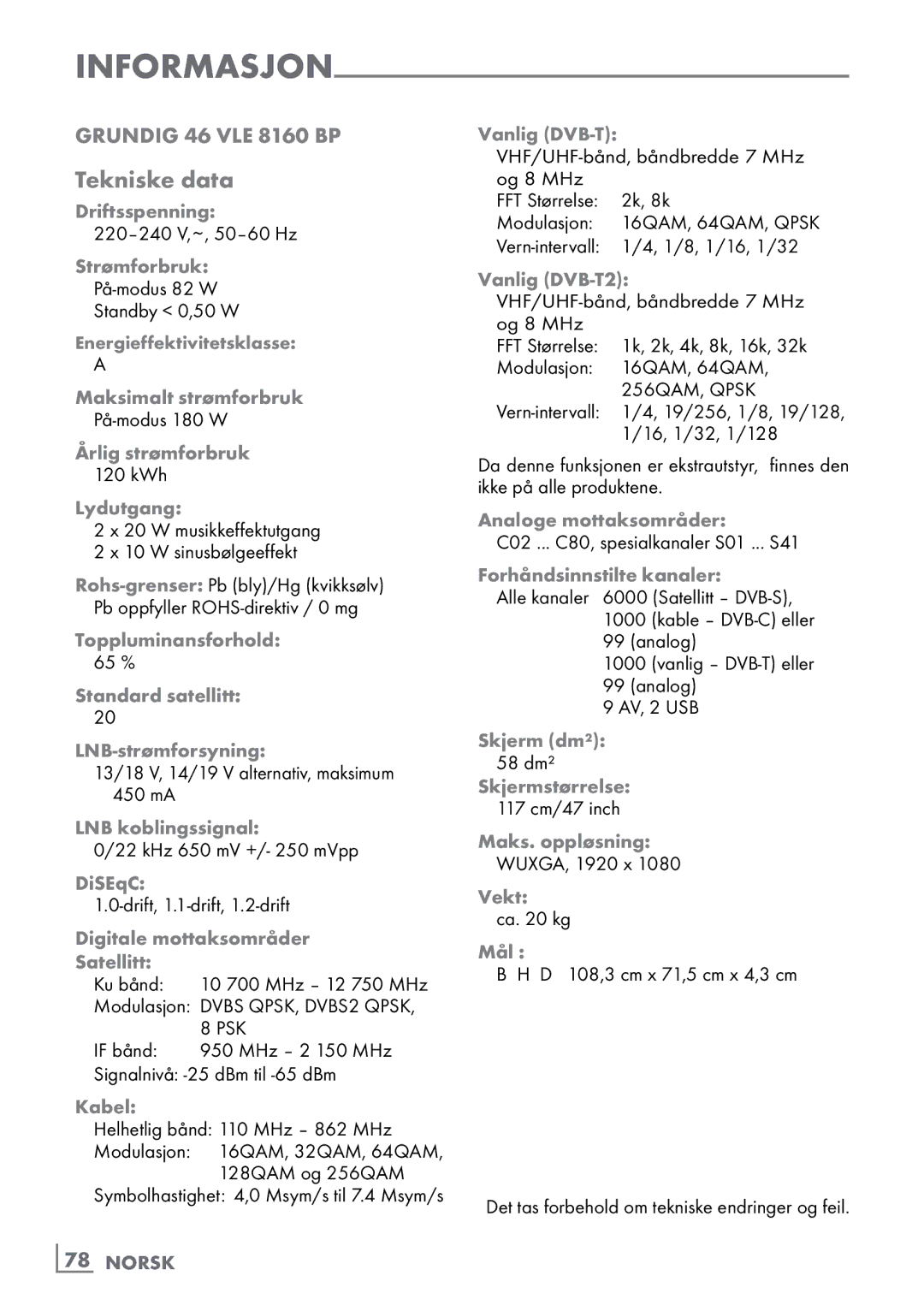 Grundig 46 VLE 8160 BP manual Tekniske data, ­78 Norsk 