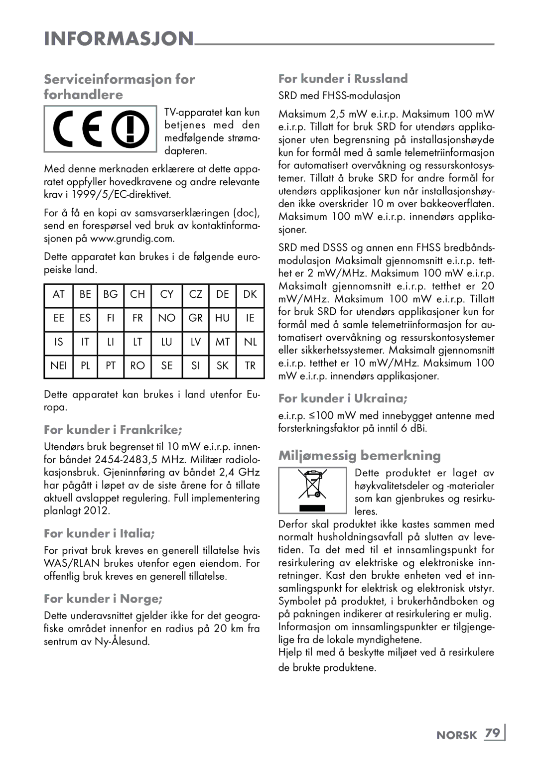 Grundig 46 VLE 8160 BP manual Serviceinformasjon for forhandlere, Miljømessig bemerkning 