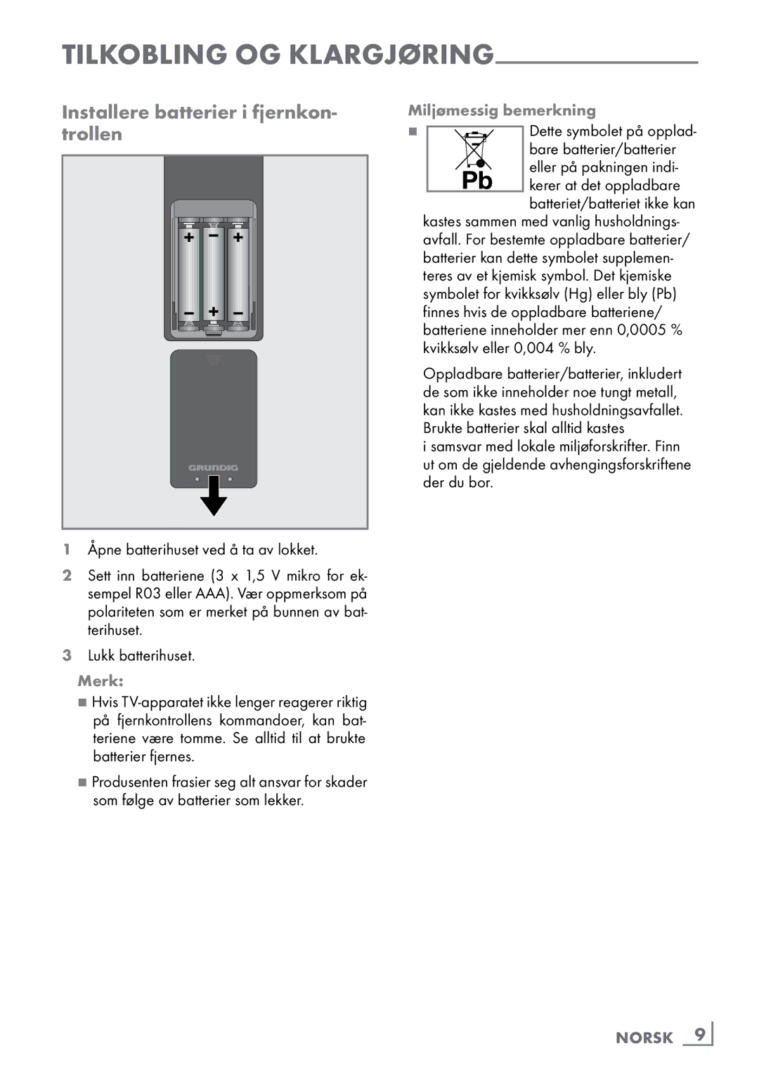 Grundig 46 VLE 8160 BP manual Installere batterier i fjernkon, Trollen, Miljømessig bemerkning, Norsk ­9 