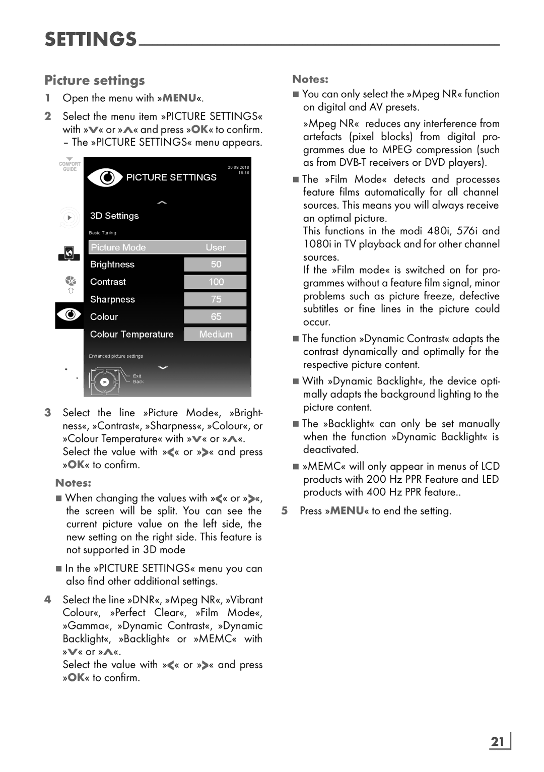 Grundig 46 VLE 8160 SL manual Picture settings, As from DVB-T receivers or DVD players­, English ­21 