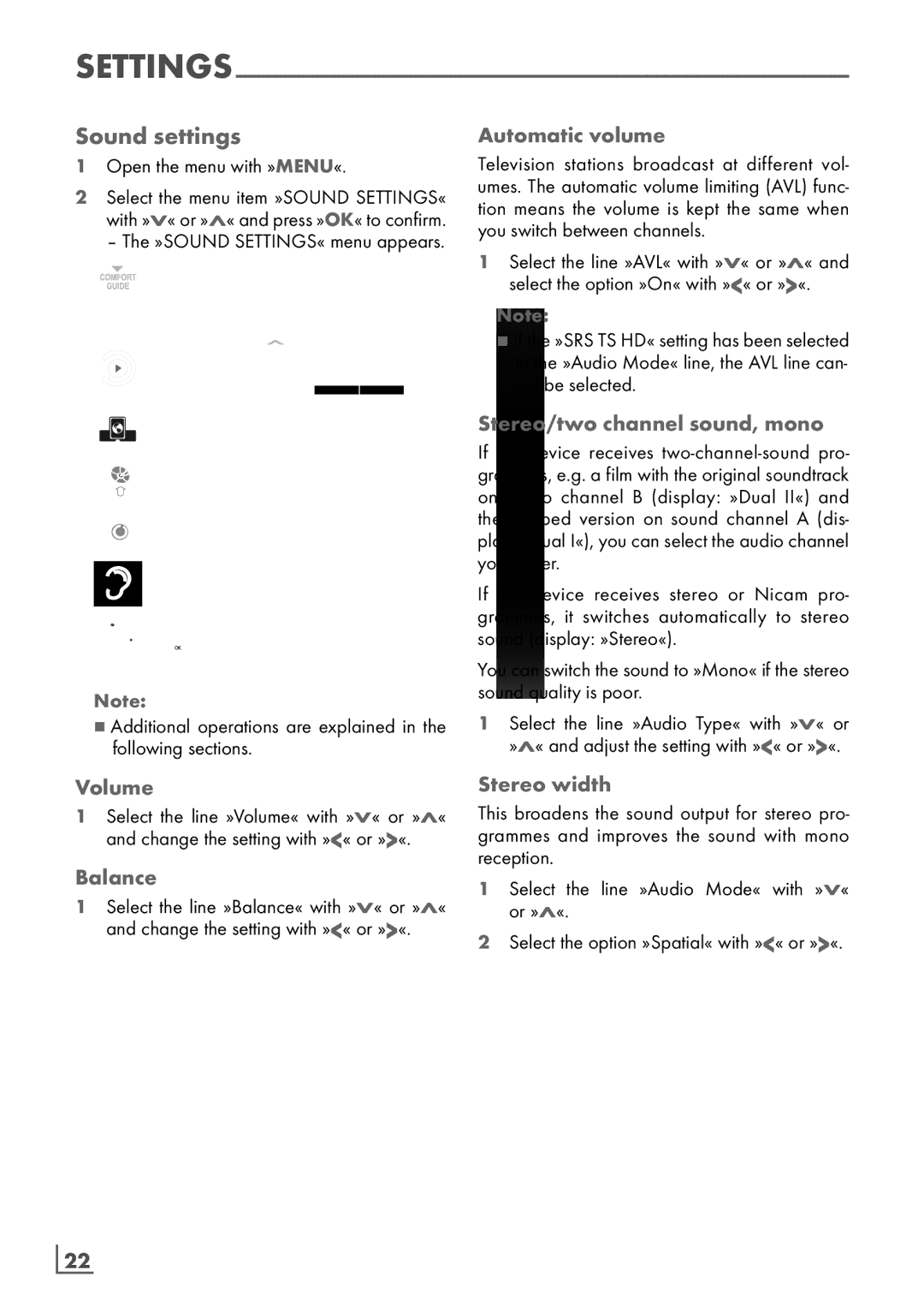 Grundig 46 VLE 8160 SL manual Sound settings 