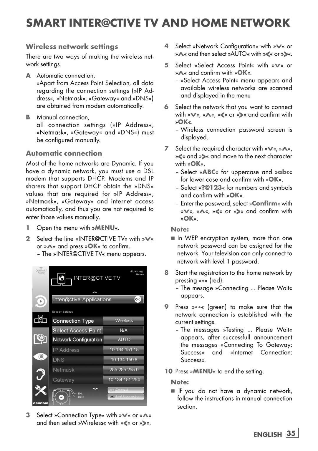 Grundig 46 VLE 8160 SL manual Wireless network settings, Automatic connection, English ­35 