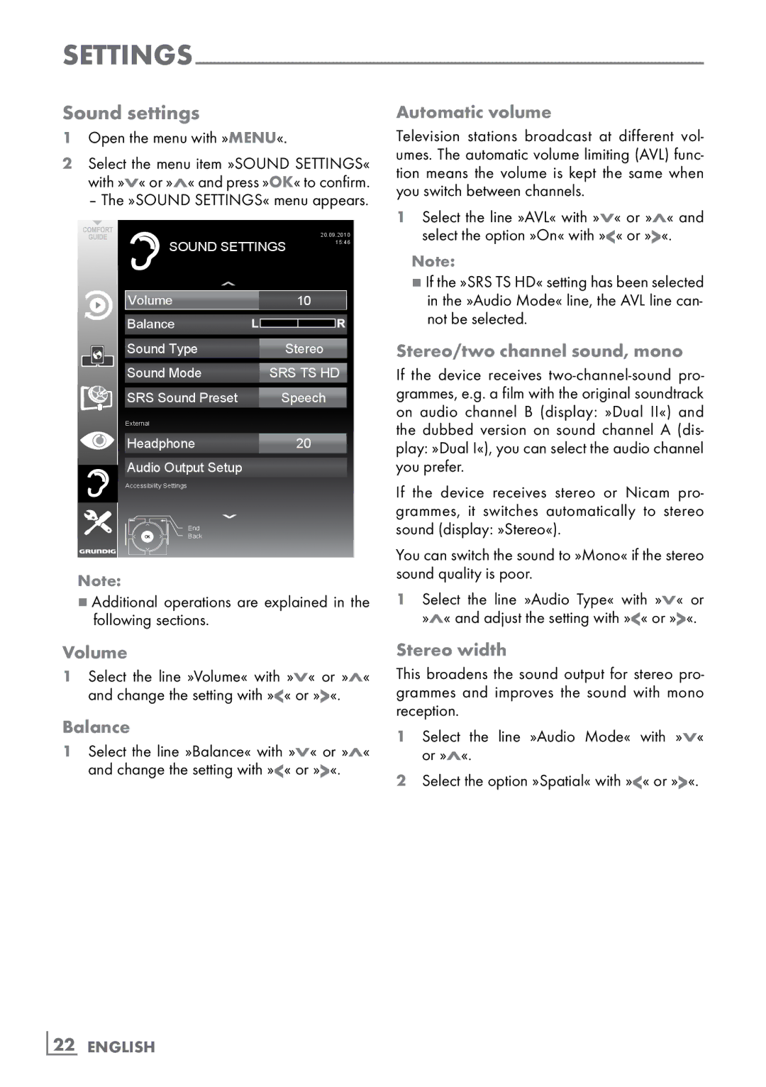 Grundig 46 VLE 8160 WL manual Sound settings 