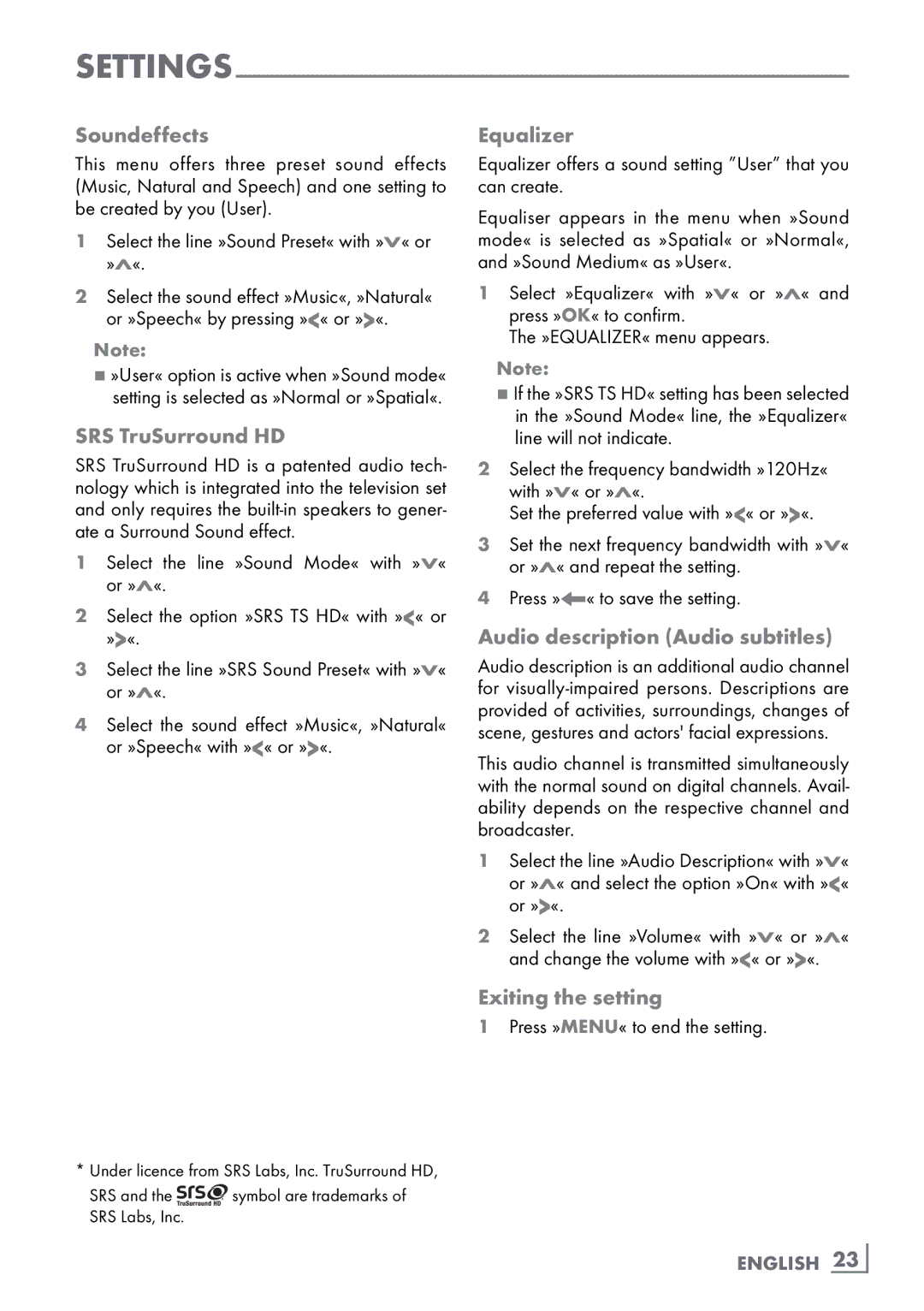 Grundig 46 VLE 8160 WL Soundeffects, SRS TruSurround HD, Equalizer, Audio description Audio subtitles, Exiting the setting 