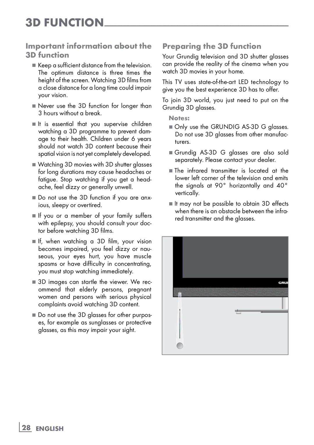 Grundig 46 VLE 8160 WL manual Important information about the 3D function, Preparing the 3D function, ­28 English 