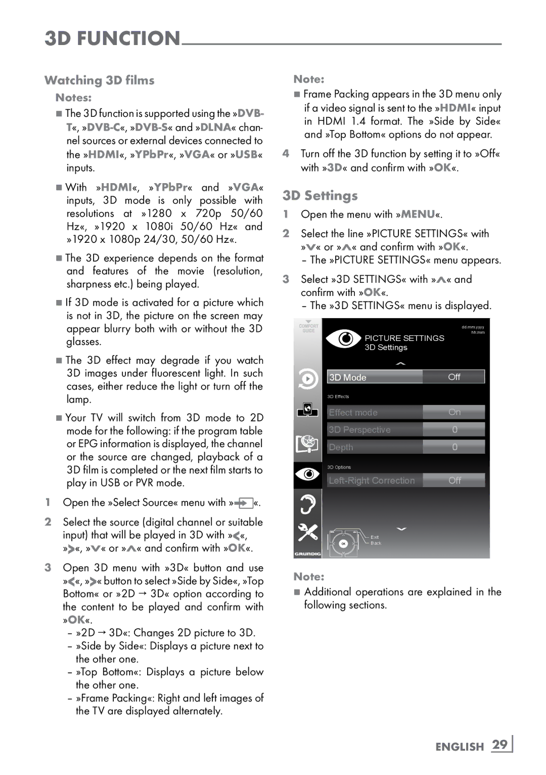 Grundig 46 VLE 8160 WL manual 3D Settings, Watching 3D films, English ­29 