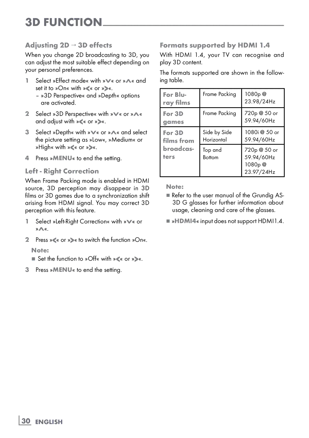 Grundig 46 VLE 8160 WL manual Adjusting 2D → 3D effects, Left Right Correction, Formats supported by Hdmi, ­30 English 
