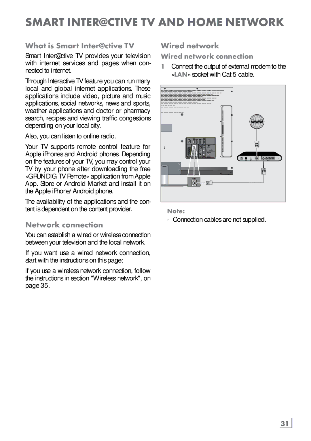 Grundig 46 VLE 8160 WL manual What is Smart Inter@ctive TV, Network connection, Wired network connection, English ­31 