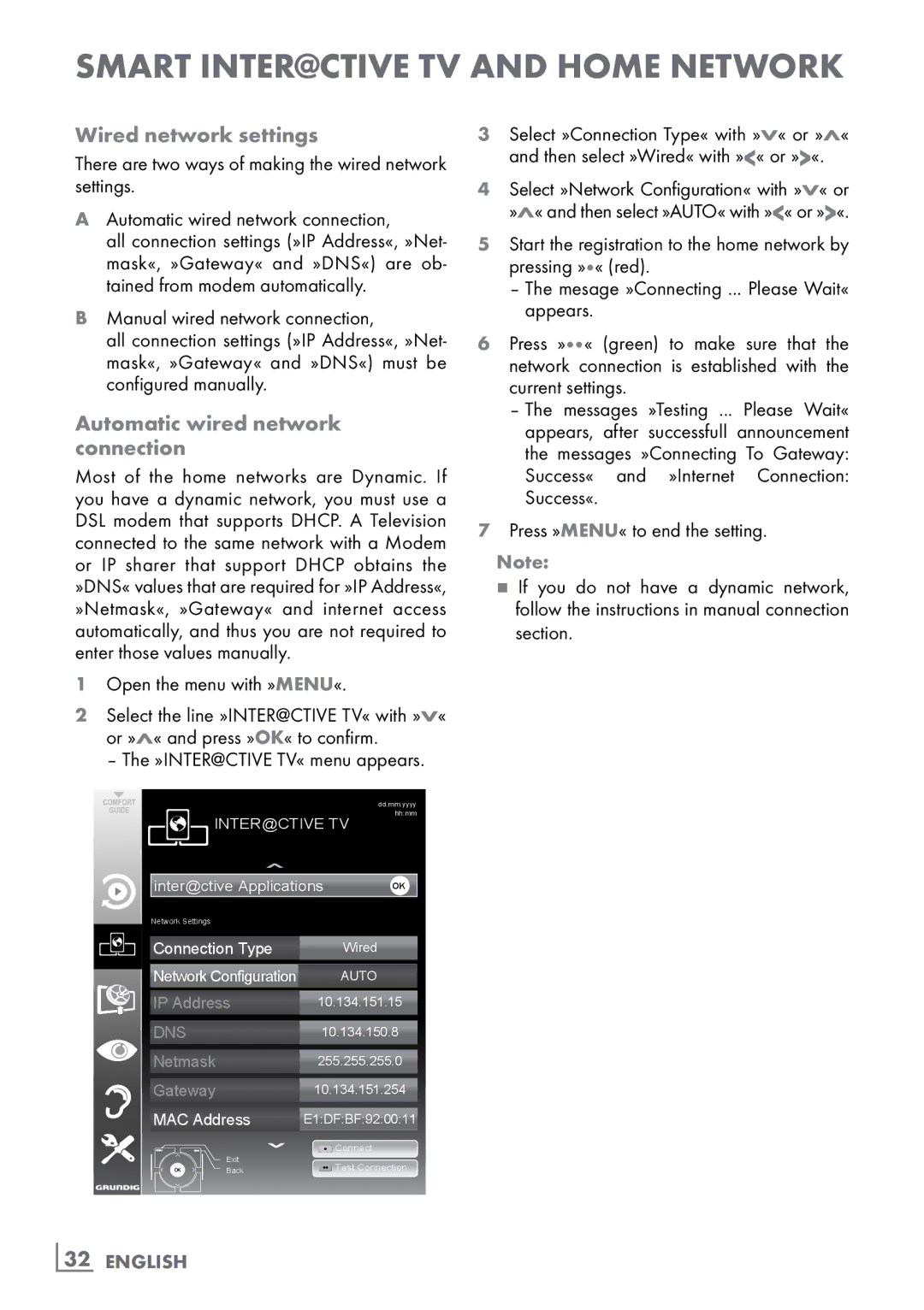 Grundig 46 VLE 8160 WL manual Wired network settings, Automatic wired network ­ connection, Manual wired network connection 