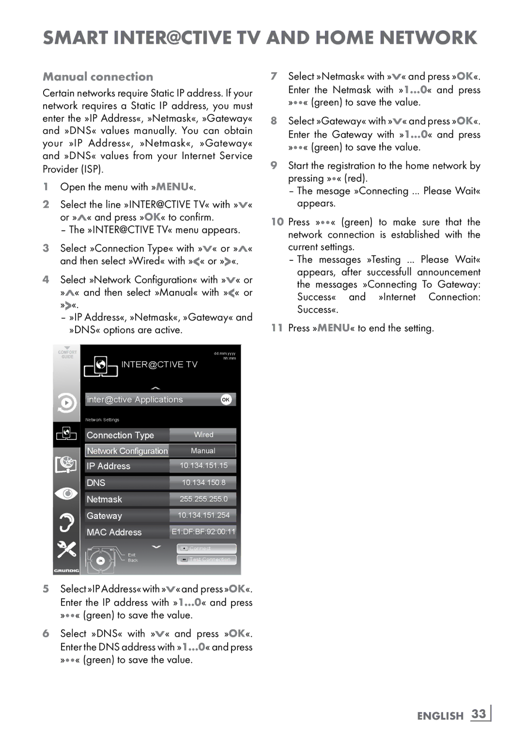 Grundig 46 VLE 8160 WL manual Manual connection, »DNS« options are active, English ­33 