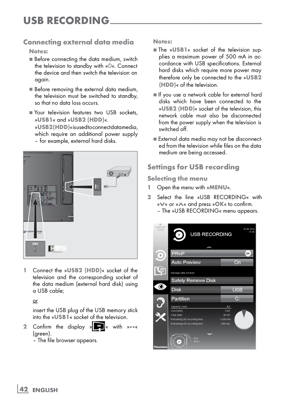 Grundig 46 VLE 8160 WL manual Connecting external data media, Settings for USB recording, Selecting the menu, ­42 English 