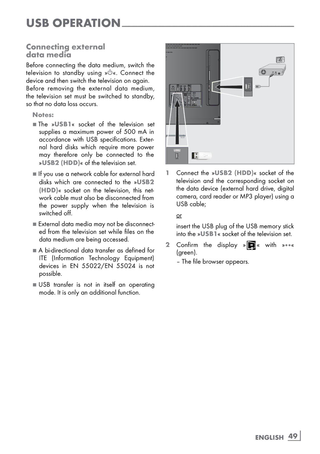 Grundig 46 VLE 8160 WL manual Connecting external ­ data media, »USB1« socket of the television set, English ­49 