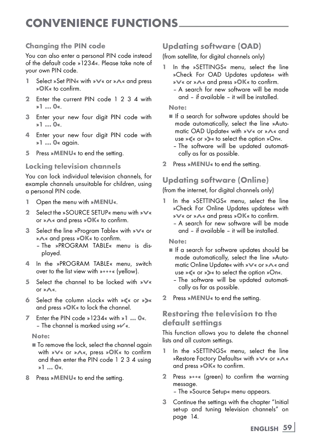 Grundig 46 VLE 8160 WL Updating software OAD, Updating software Online, Restoring the television to the default settings 