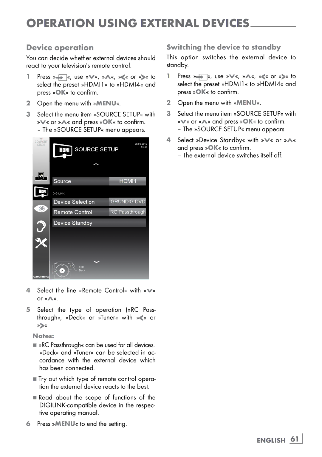 Grundig 46 VLE 8160 WL manual Device operation, Switching the device to standby, English ­61 