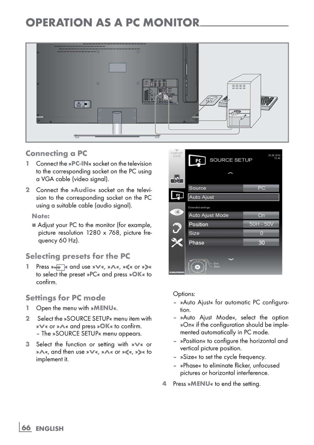 Grundig 46 VLE 8160 WL manual Connecting a PC, Selecting presets for the PC, Settings for PC mode, ­66 English 