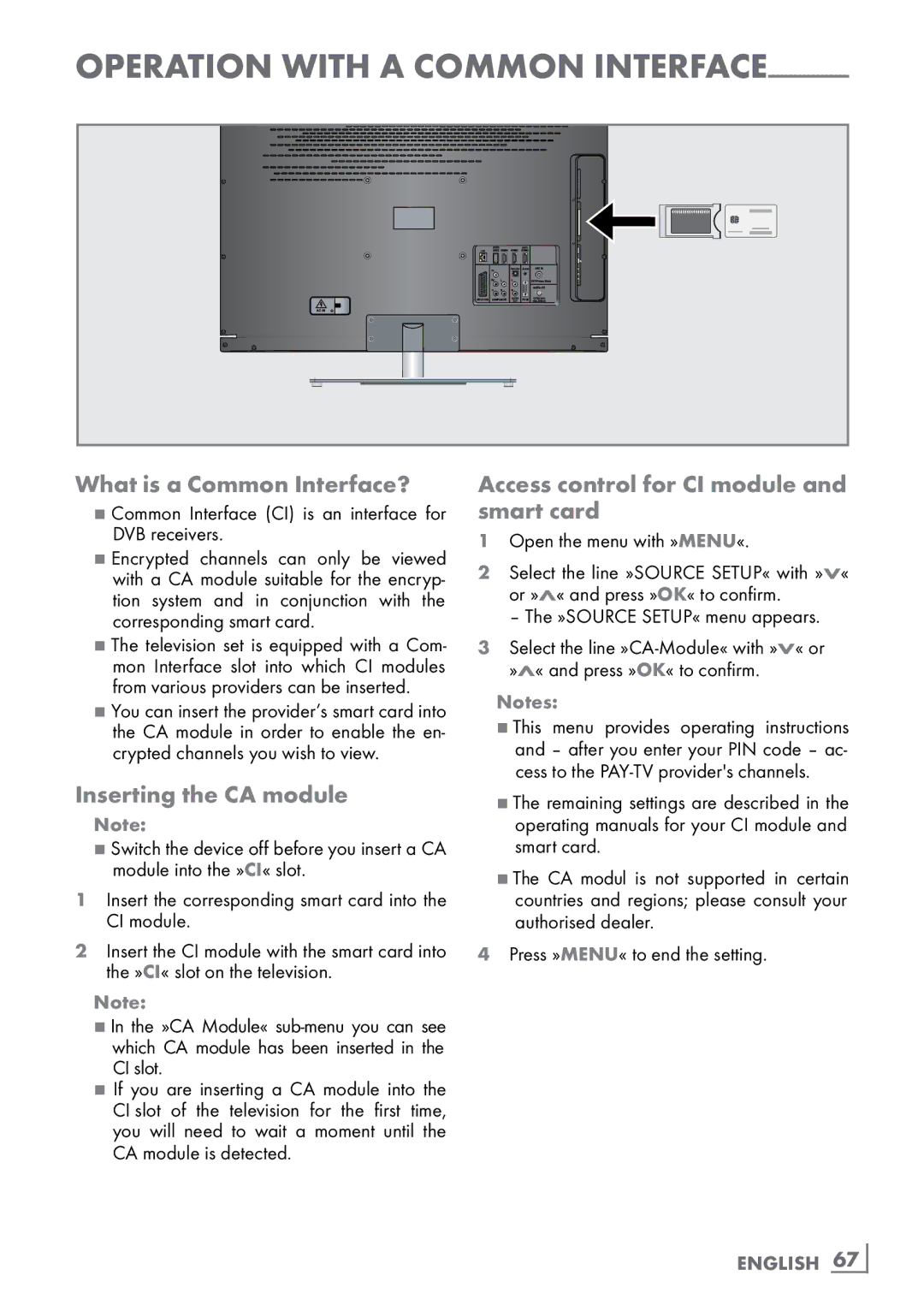 Grundig 46 VLE 8160 WL What is a Common Interface?, Inserting the CA module, Access control for CI module and smart card 