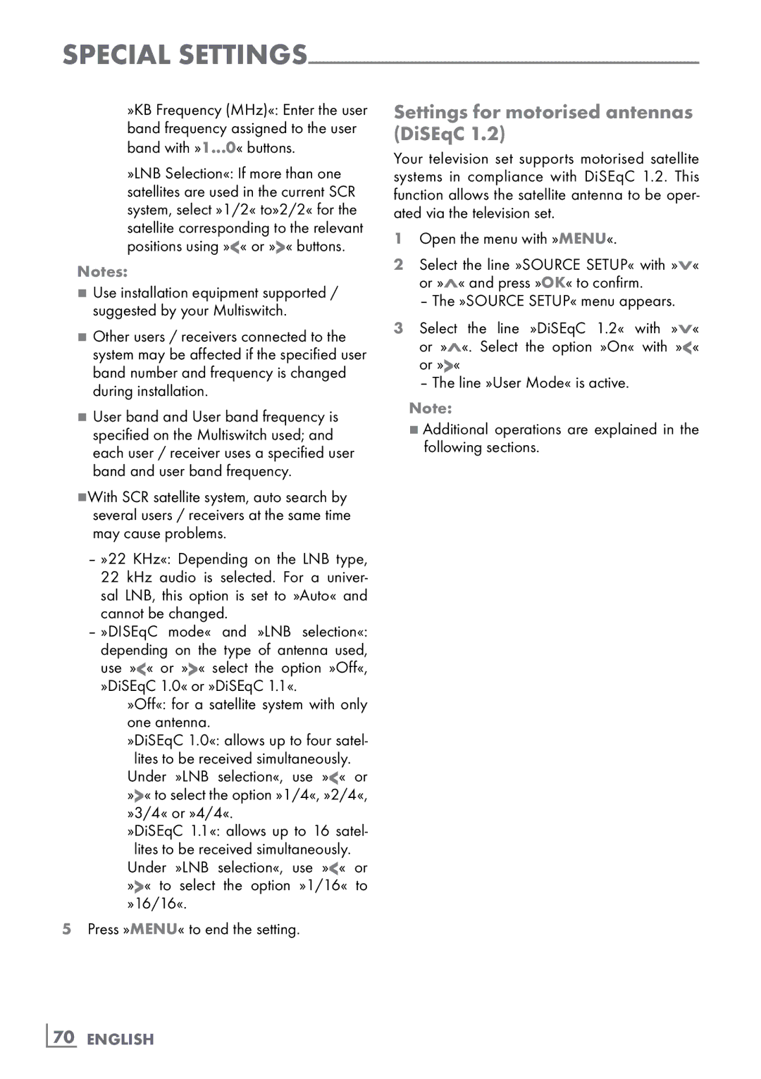 Grundig 46 VLE 8160 WL manual Settings for motorised antennas DiSEqC, Cannot­ be changed, ­70 English 