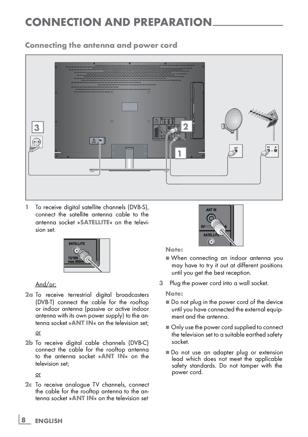 Grundig 46 VLE 8160 WL manual Connecting the antenna and power cord, Connection and preparation, ­8 English 