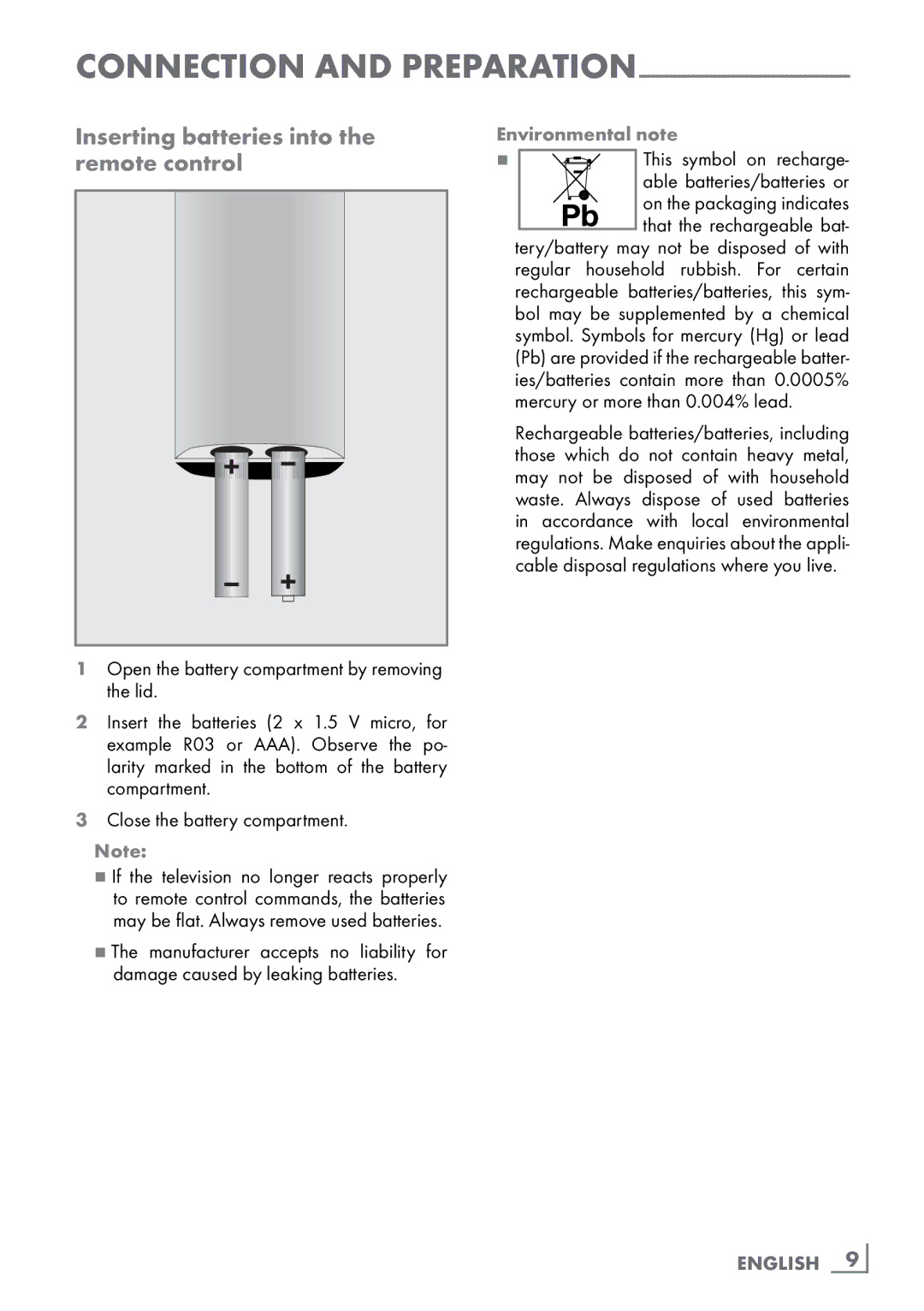 Grundig 46 VLE 8160 WL Inserting batteries into the ­remote control, Open the battery compartment by removing the lid 