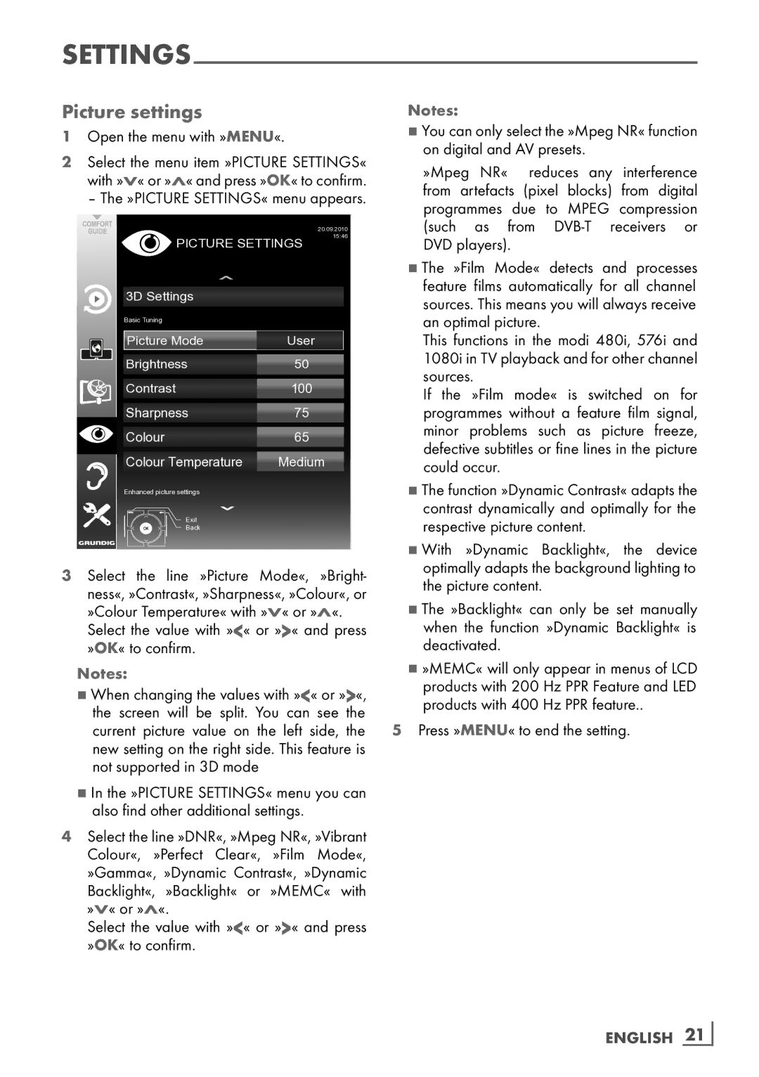 Grundig 46 VLE 8270 BL manual Picture settings, English ­21 