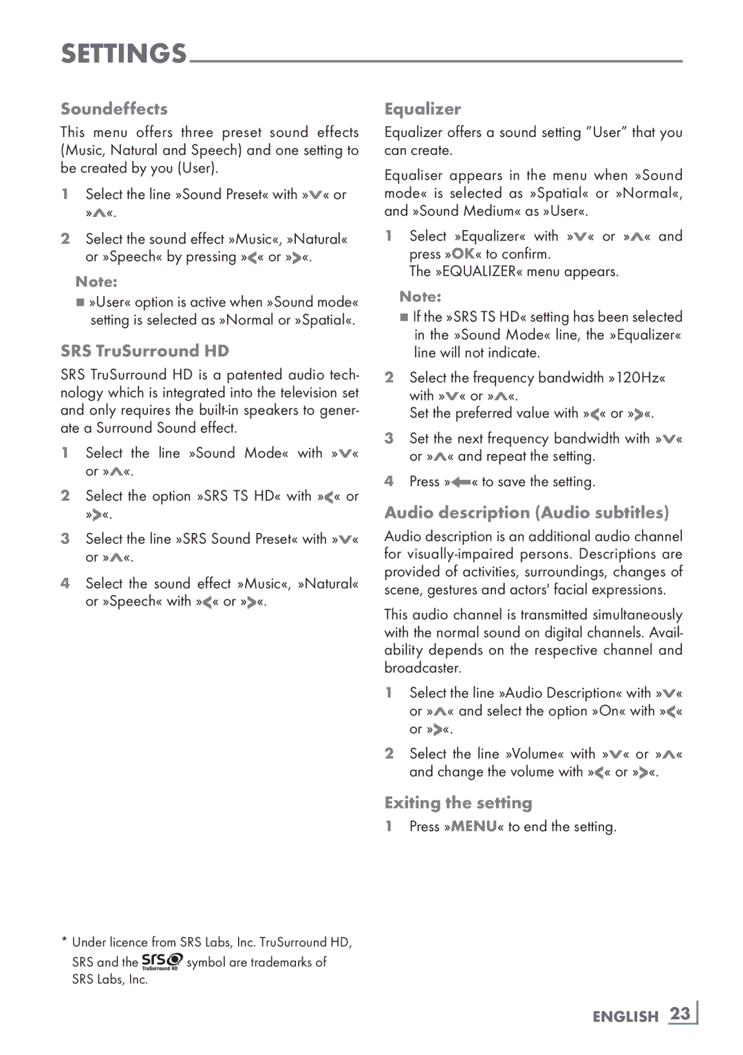 Grundig 46 VLE 8270 BL Soundeffects, SRS TruSurround HD, Equalizer, Audio description Audio subtitles, Exiting the setting 