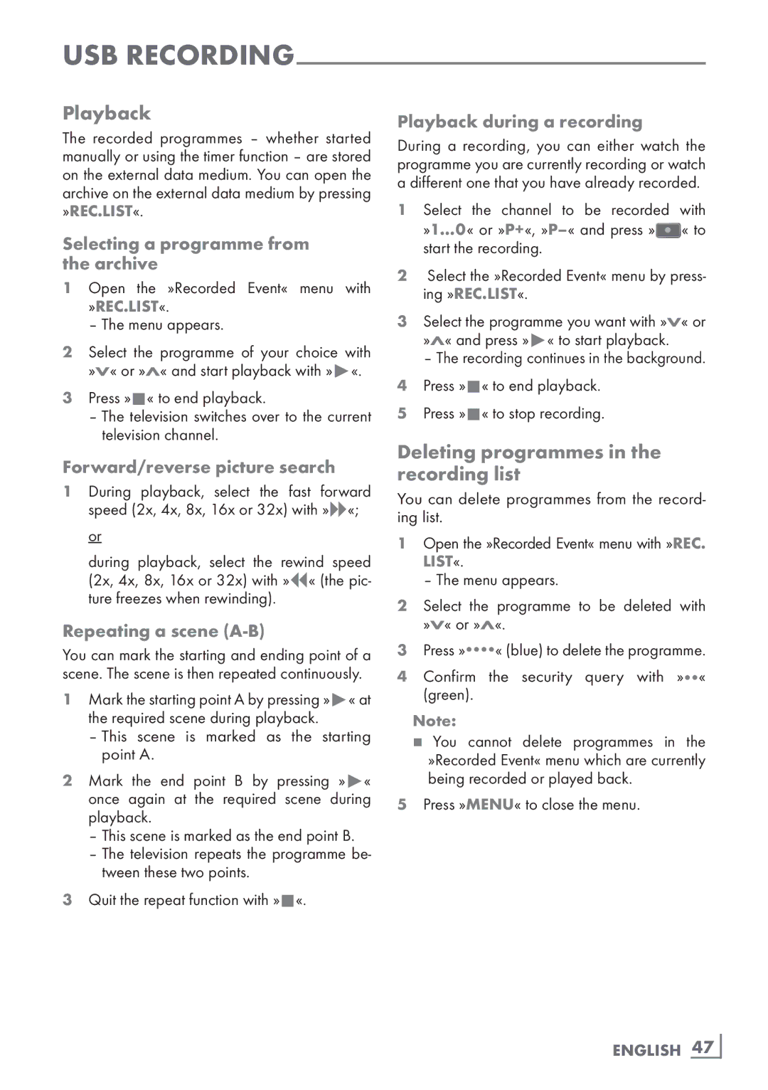 Grundig 46 VLE 8270 BL manual Playback, Deleting programmes in the recording list 