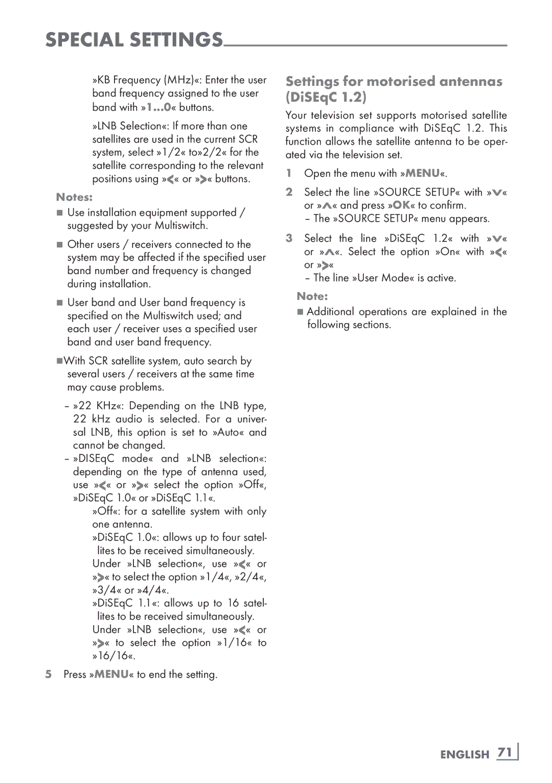 Grundig 46 VLE 8270 BL manual Settings for motorised antennas DiSEqC, Cannot­ be changed, English ­71 