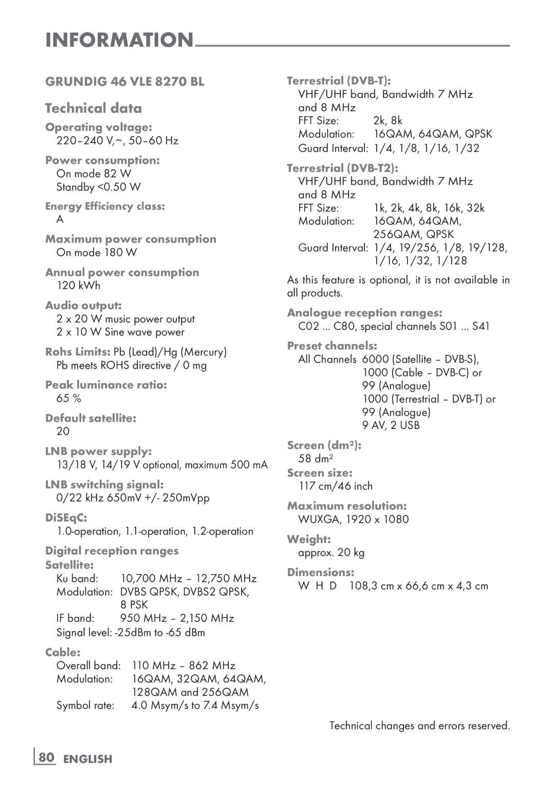 Grundig 46 VLE 8270 BL manual Technical data, ­80 English 