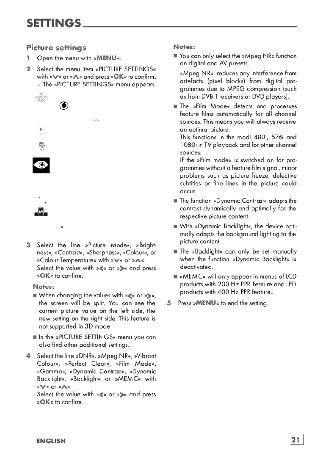 Grundig 55 CLE 9170 SL manual Picture settings, As from DVB-T receivers or DVD players­, English ­21 